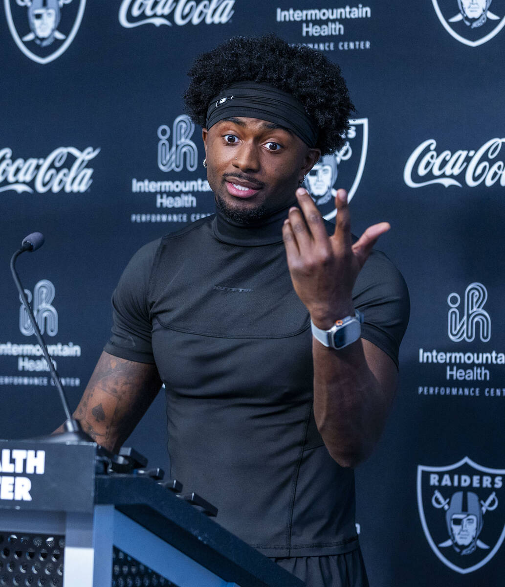 Raiders cornerback Kyu Blu Kelly (36) answers a media question during training camp at the Inte ...