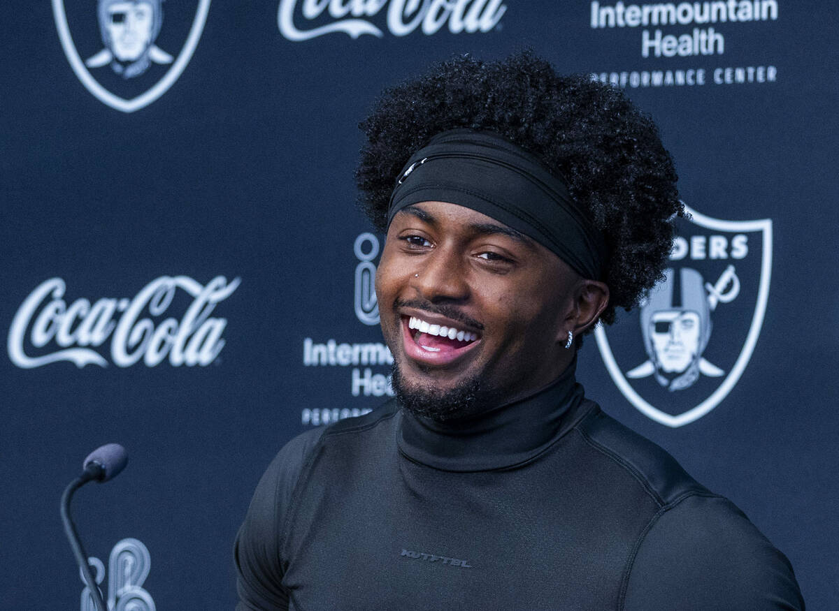 Raiders cornerback Kyu Blu Kelly (36) laughs at a media question during training camp at the In ...