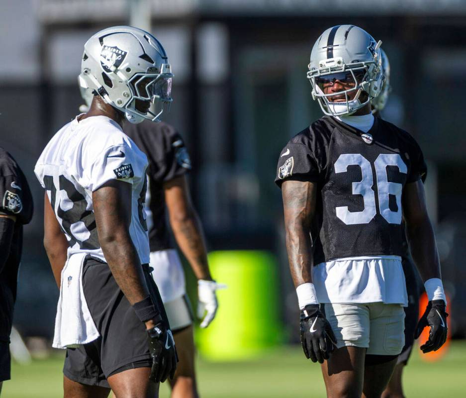 Raiders tight end Justin Shorter (88) and cornerback Kyu Blu Kelly (36) look on during the firs ...