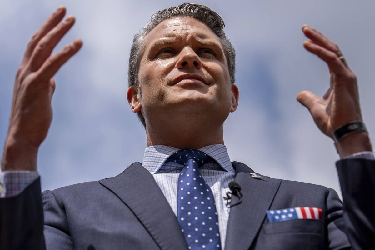 Secretary of Defense Pete Hegseth speaks to reporters at the Pentagon, July 16, 2025, in Washin ...