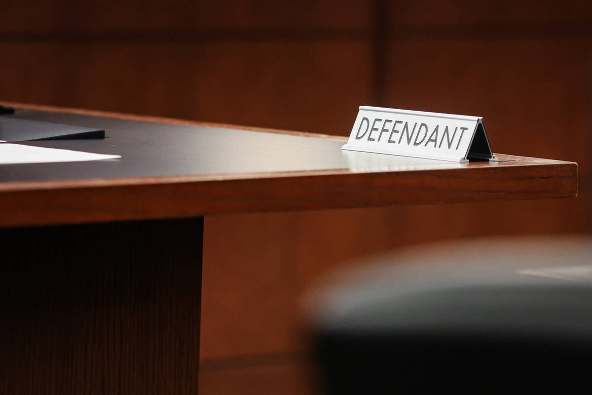 A defendant name plate in a courtroom at the Regional Justice Center Monday, Aug. 11, 2025, in ...