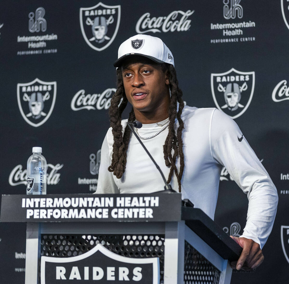 Raiders safety Terrell Edmunds (48) answers a media question during training camp at the Interm ...