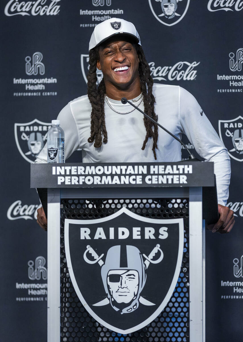 Raiders safety Terrell Edmunds (48) laughs at a media question during training camp at the Inte ...