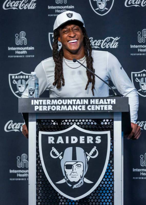 Raiders safety Terrell Edmunds (48) laughs at a media question during training camp at the Inte ...