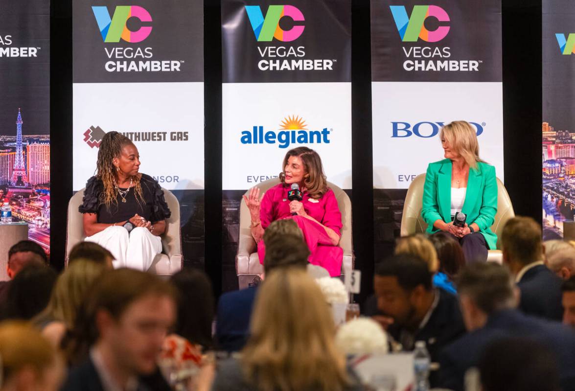 Las Vegas Mayor Shelley Berkley, center, speaks alongside North Las Vegas Mayor Pamela Goynes-B ...