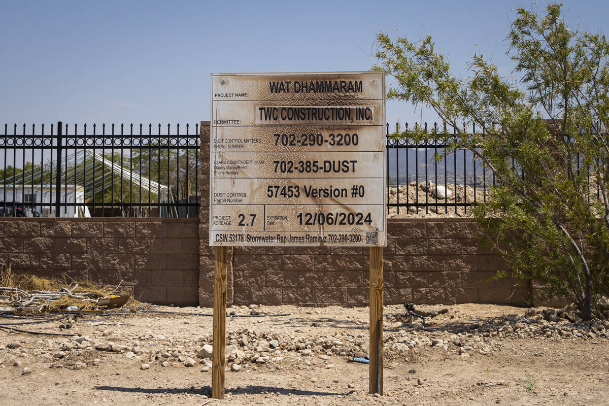 A posted sign for construction for TWC Construction is seen at the Wat Nevada Dhammaram temple ...