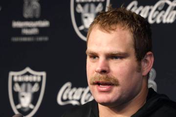 Raiders guard Jordan Meredith answers a media question during training camp at the Intermountai ...