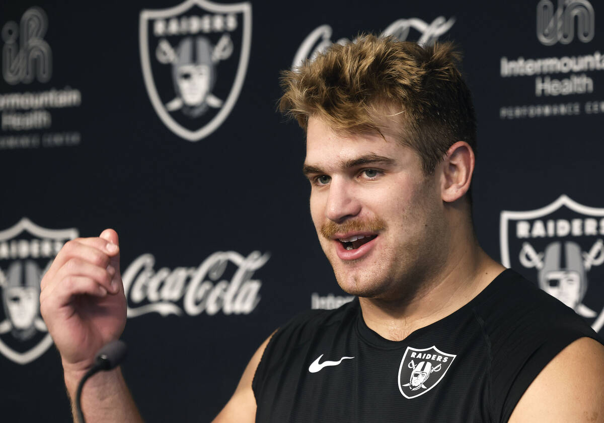 Raiders tight end Michael Mayer answers a media question during training camp at the Intermount ...