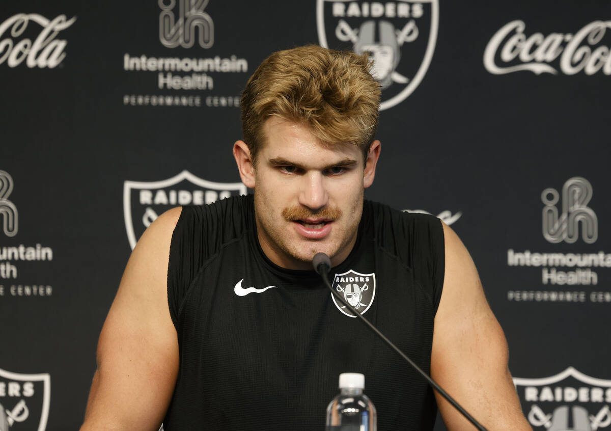 Raiders tight end Michael Mayer answers a media question during training camp at the Intermount ...