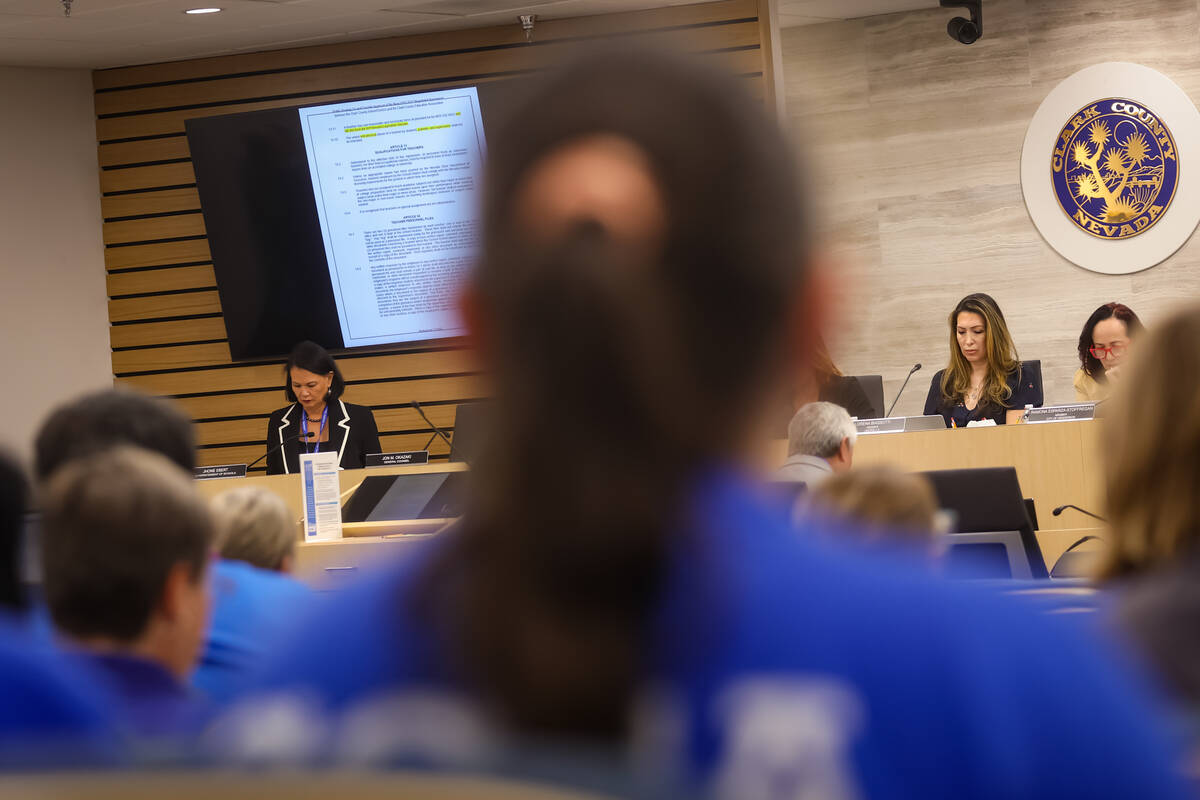 Clark County School District Superintendent Jhone Ebert, left, is seen as the Clark County Scho ...