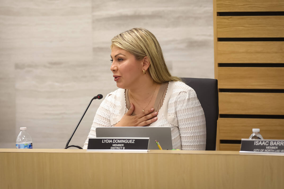 Clark County School Board trustee Lydia Dominguez speaks in support of a contract, which was ne ...
