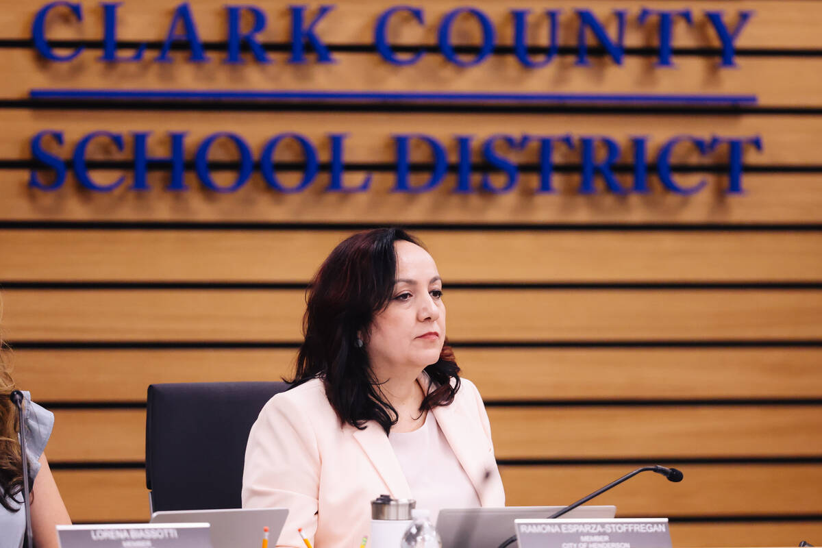 Ramona Esparza-Stoffregan during a Clark County School Board meeting at the Edward A. Greer Edu ...