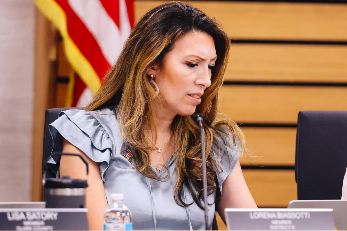 Lorena Biassotti during a Clark County School Board meeting at the Edward A. Greer Education Ce ...