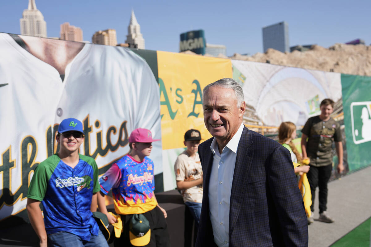 MLB Commissioner Rob Manfred arrives at a groundbreaking ceremony for the Athletics' baseball s ...