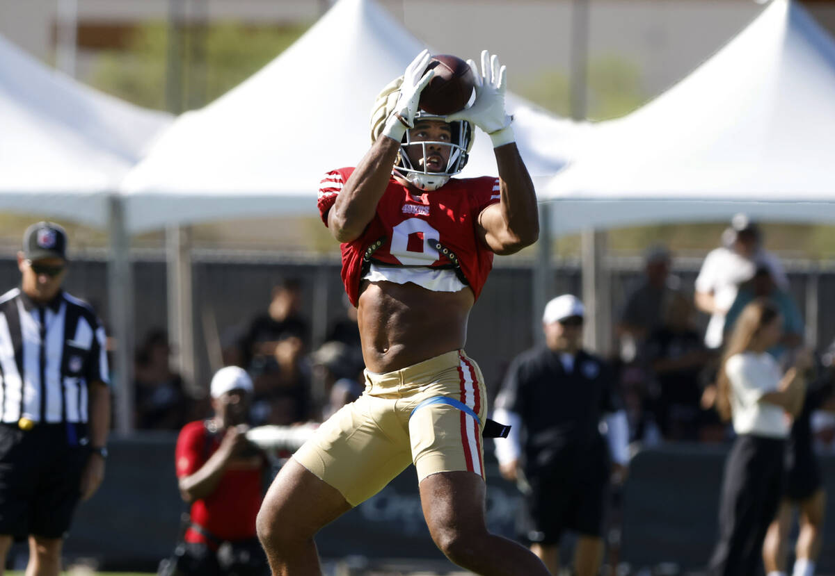 San Francisco 49ers tight end Brayden Willis (9) catches the ball during a joint practice with ...