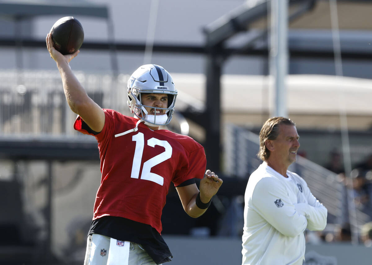 Raiders Raiders quarterback Aidan O'Connell (12) throws the ball as quarterbacks coach Greg Ols ...
