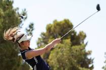 Centennial’s Mia Meyers tee’s off during Class 5A girls golf Mountain League matc ...