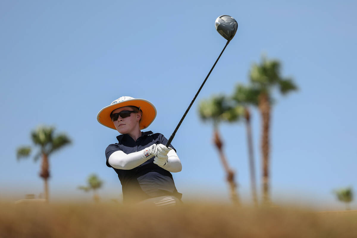 Bishop Gorman’s Samantha Harris tee’s off during Class 5A girls golf Mountain Lea ...