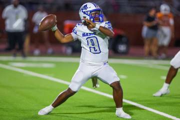 Basic quarterback Jayveon Rose (9) throws the ball during a football game between Legacy and Ba ...