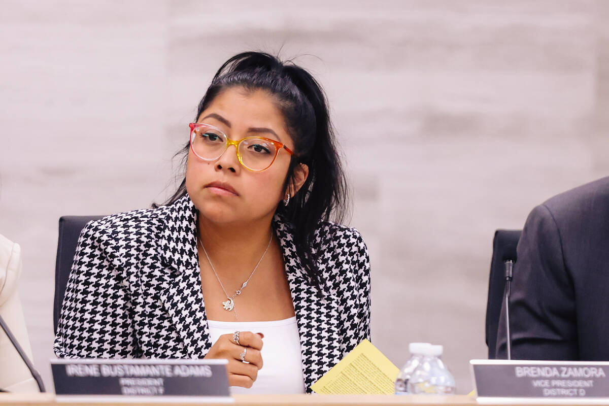 CCSD Board of Trustees Vice President Brenda Zamora, shown during recent a CCSD board of truste ...