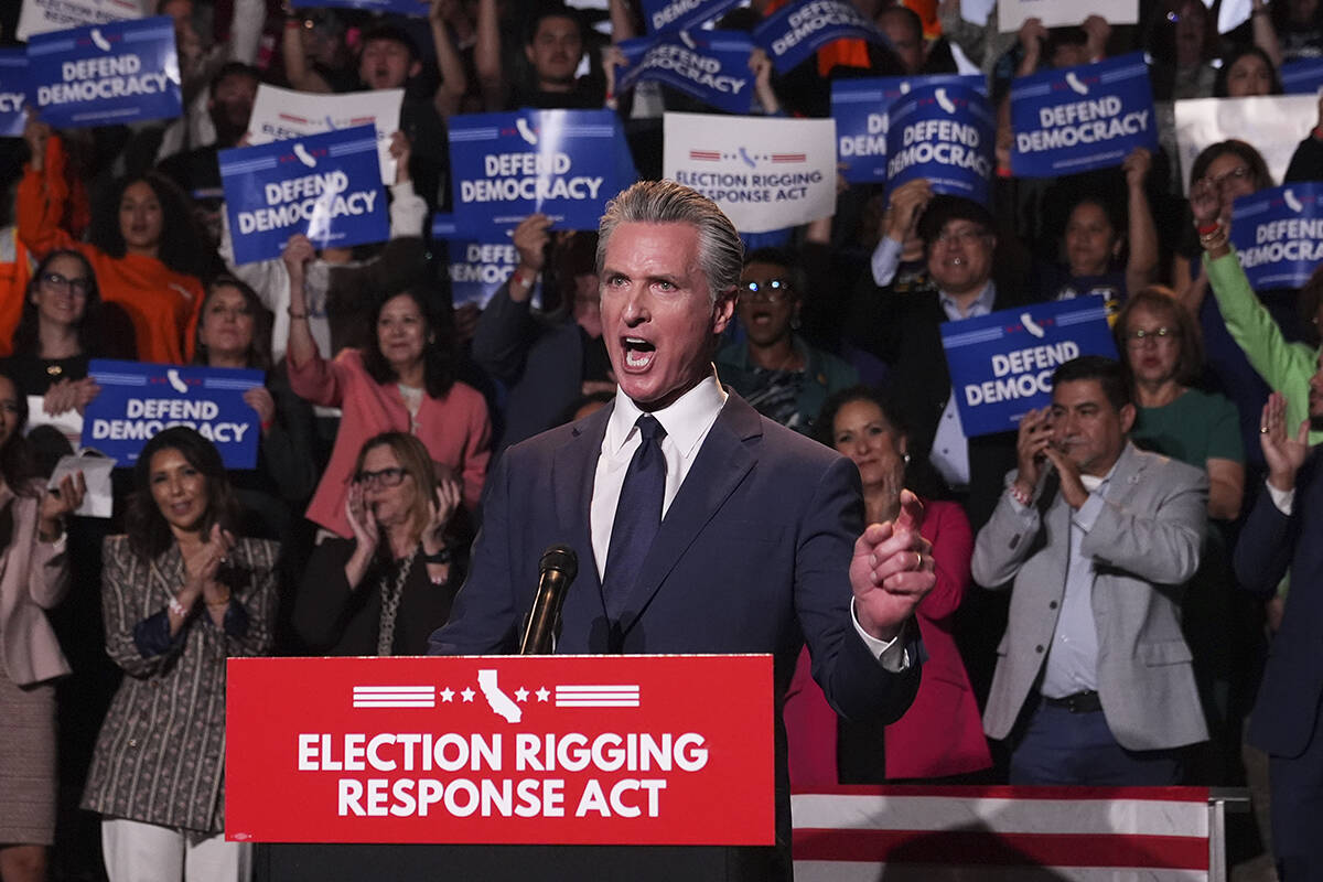 California Gov. Gavin Newsom speaks during a news conference Thursday, Aug. 14, 2025, in Los An ...