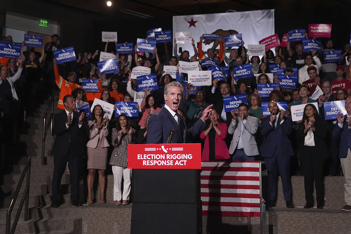 California Gov. Gavin Newsom speaks during a news conference Thursday, Aug. 14, 2025, in Los An ...