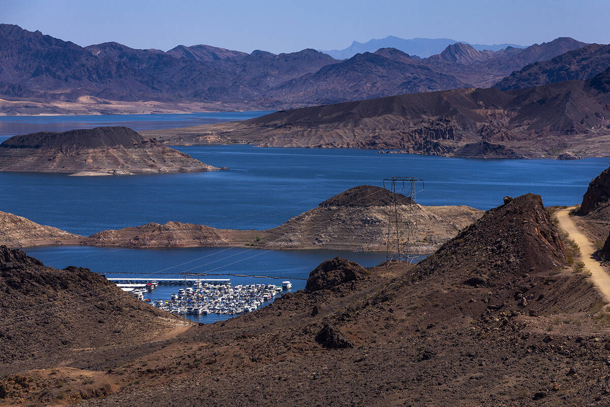 The Lake Mead Marina on Lake Mead is in view from the Hoover Dam Lodge Trailhead on Thursday, A ...