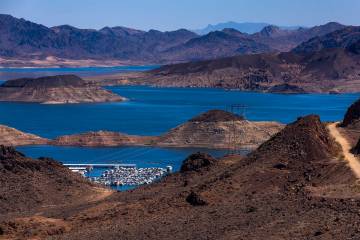 The Lake Mead Marina on Lake Mead is in view from the Hoover Dam Lodge Trailhead as new project ...
