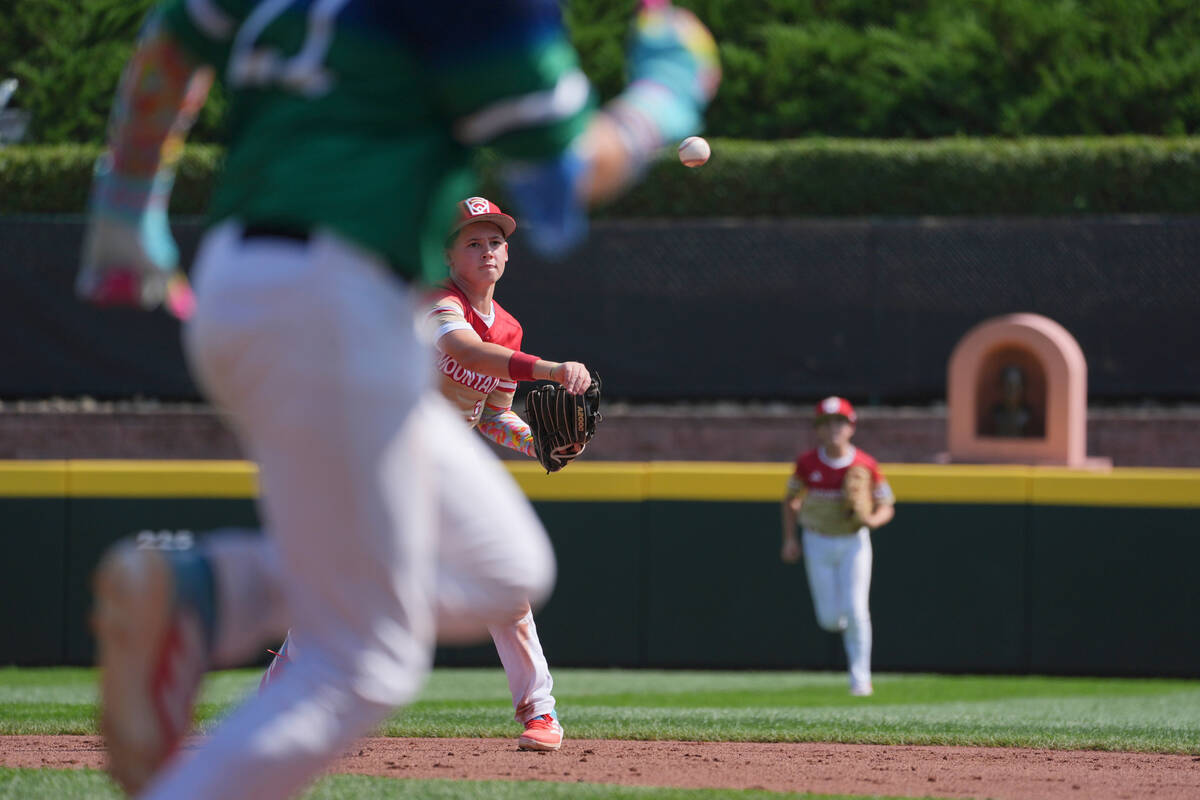 Summerlin South's Cache Malan throws to first base against Bonney Lake, Wash., during the firs ...