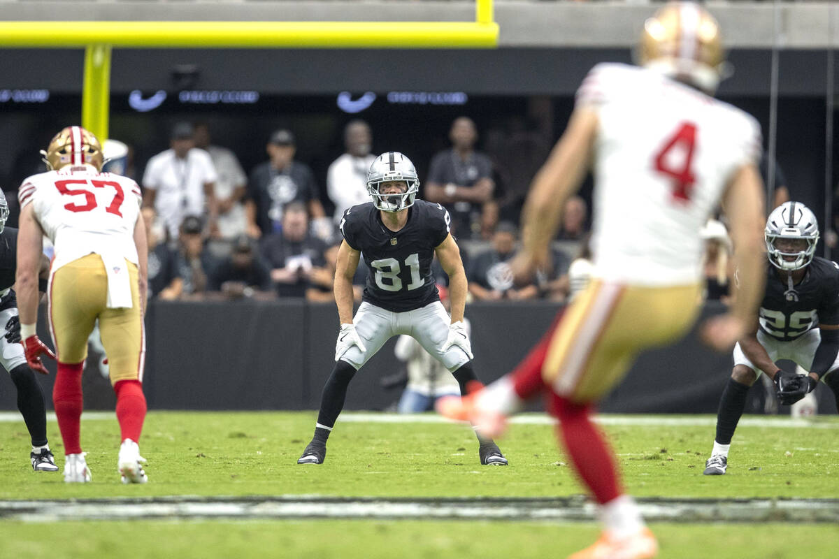 Raiders wide receiver Alex Bachman (81) is set on the field as the NFL preseason game between t ...