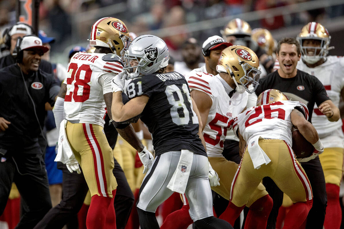 Raiders wide receiver Alex Bachman (81) walks away from the San Francisco 49ers sideline after ...