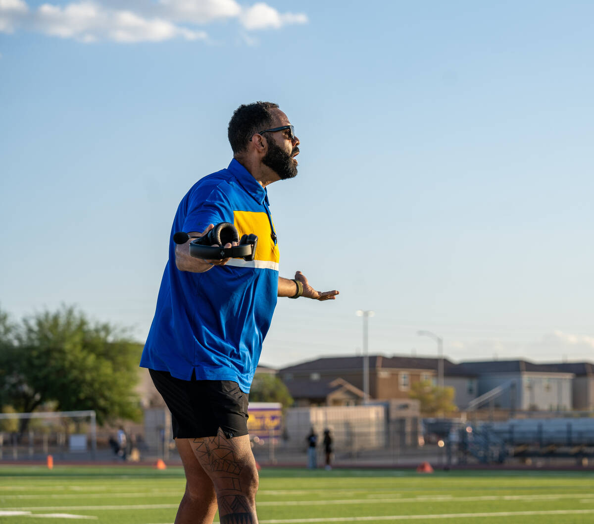 Sierra Vista coach yells at the refs during a game at Durango High School in Las Vegas Aug. 15, ...