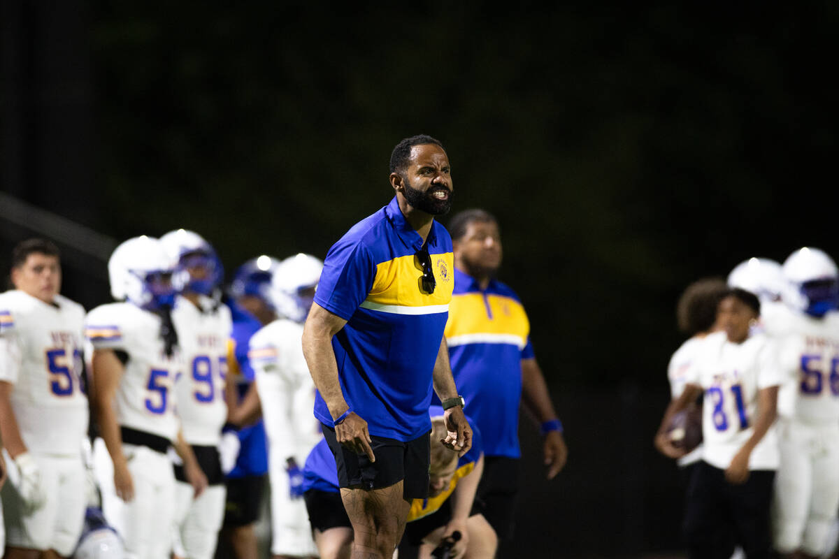 Sierra Vista coach yells at the refs during a game at Durango High School in Las Vegas Aug. 15, ...