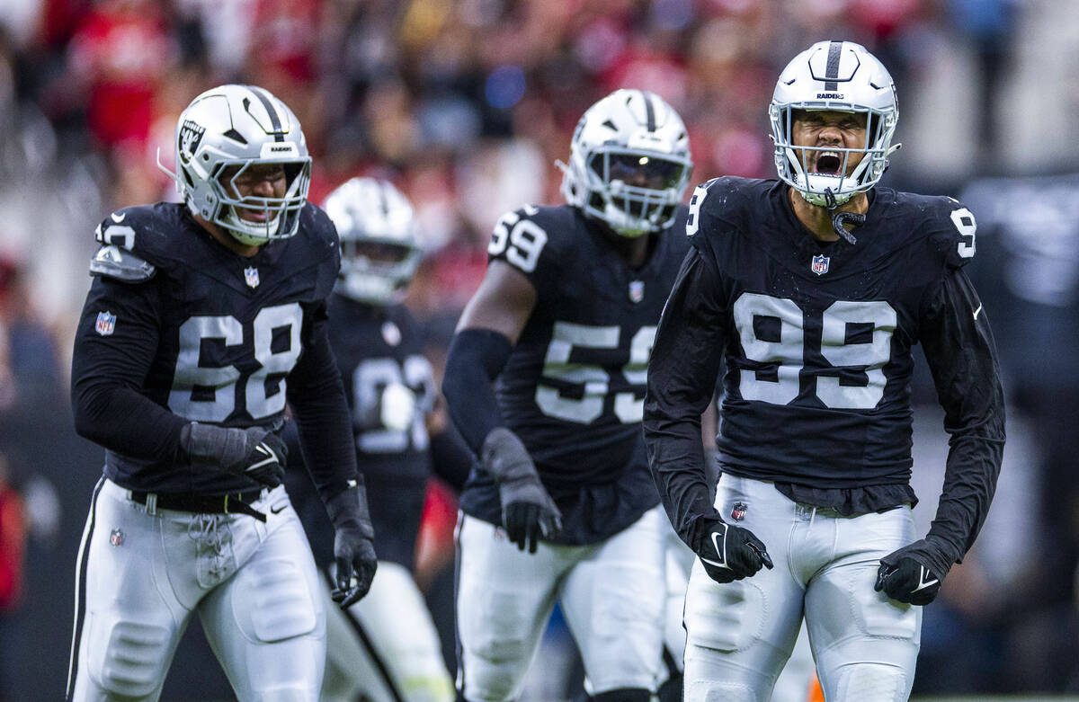 Raiders defensive end Andre Carter II (99) celebrates a big sack against San Francisco 49ers qu ...