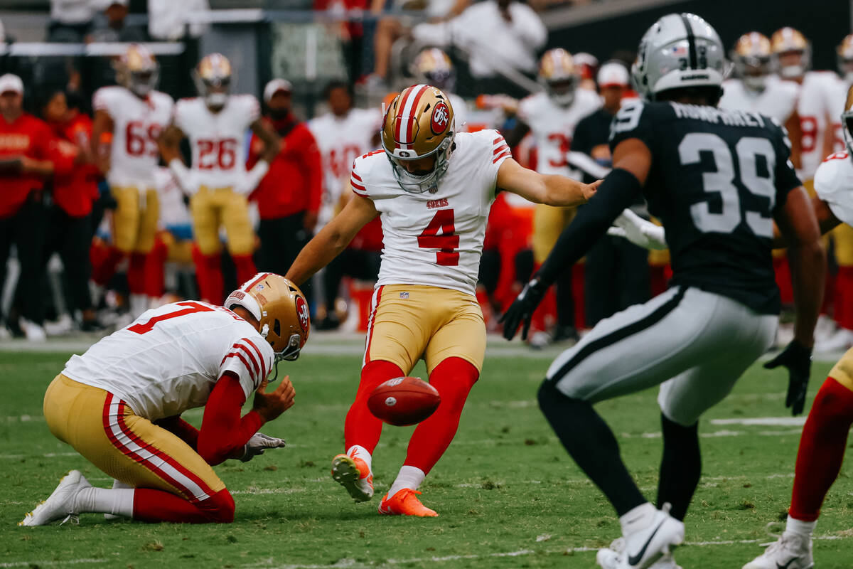 San Francisco 49ers place kicker Jake Moody (4) attempts a field goal during the first half of ...