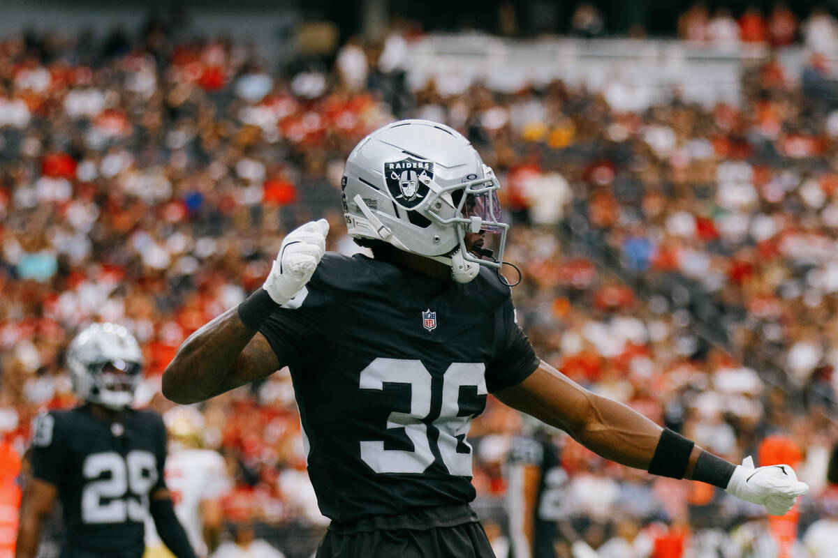 Raiders cornerback Kyu Blu Kelly (36) celebrates a successful tackle during the first half of t ...