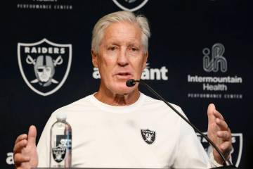 Raiders head coach Pete Carroll addresses the media after the team’s training camp at th ...