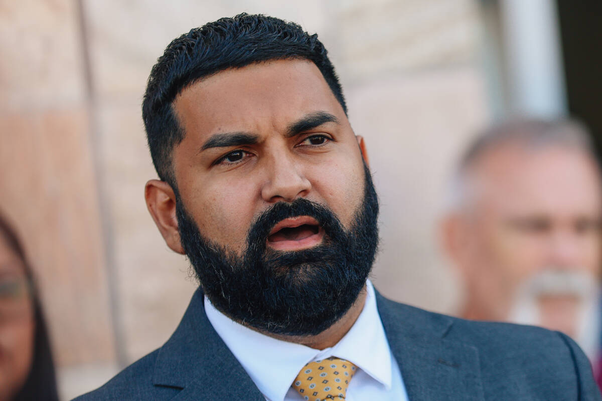 Athar Haseebullah, the executive director of the ACLU of Nevada, speaks during a press conferen ...