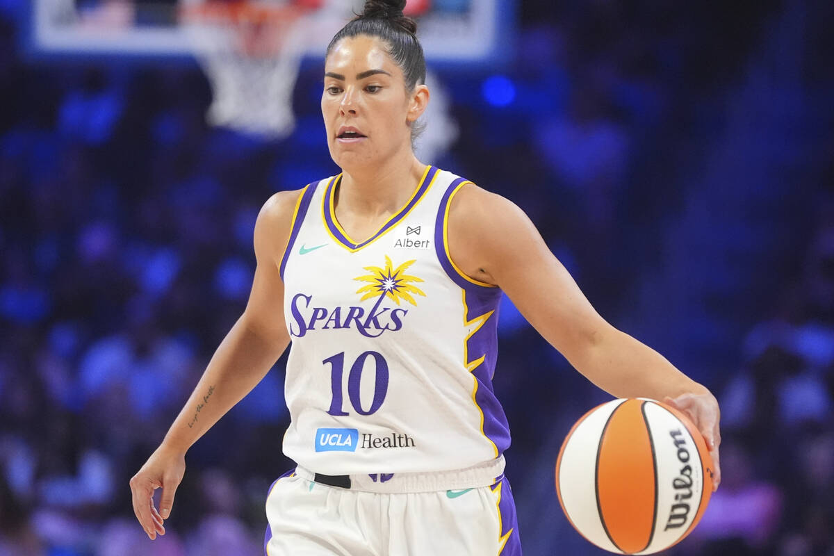 Los Angeles Sparks guard Kelsey Plum dribbles the ball during the second half of a WNBA basketb ...
