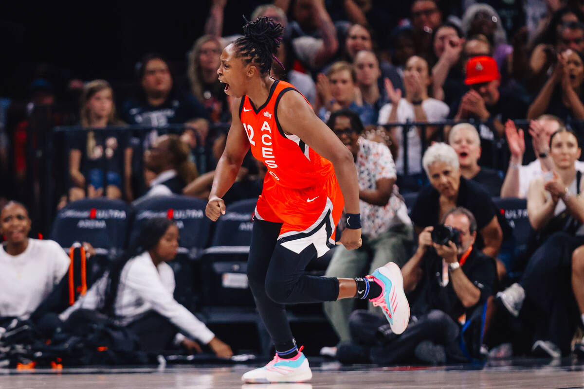Aces guard Chelsea Gray (12) celebrates during a WNBA basketball game between the Aces and Dall ...