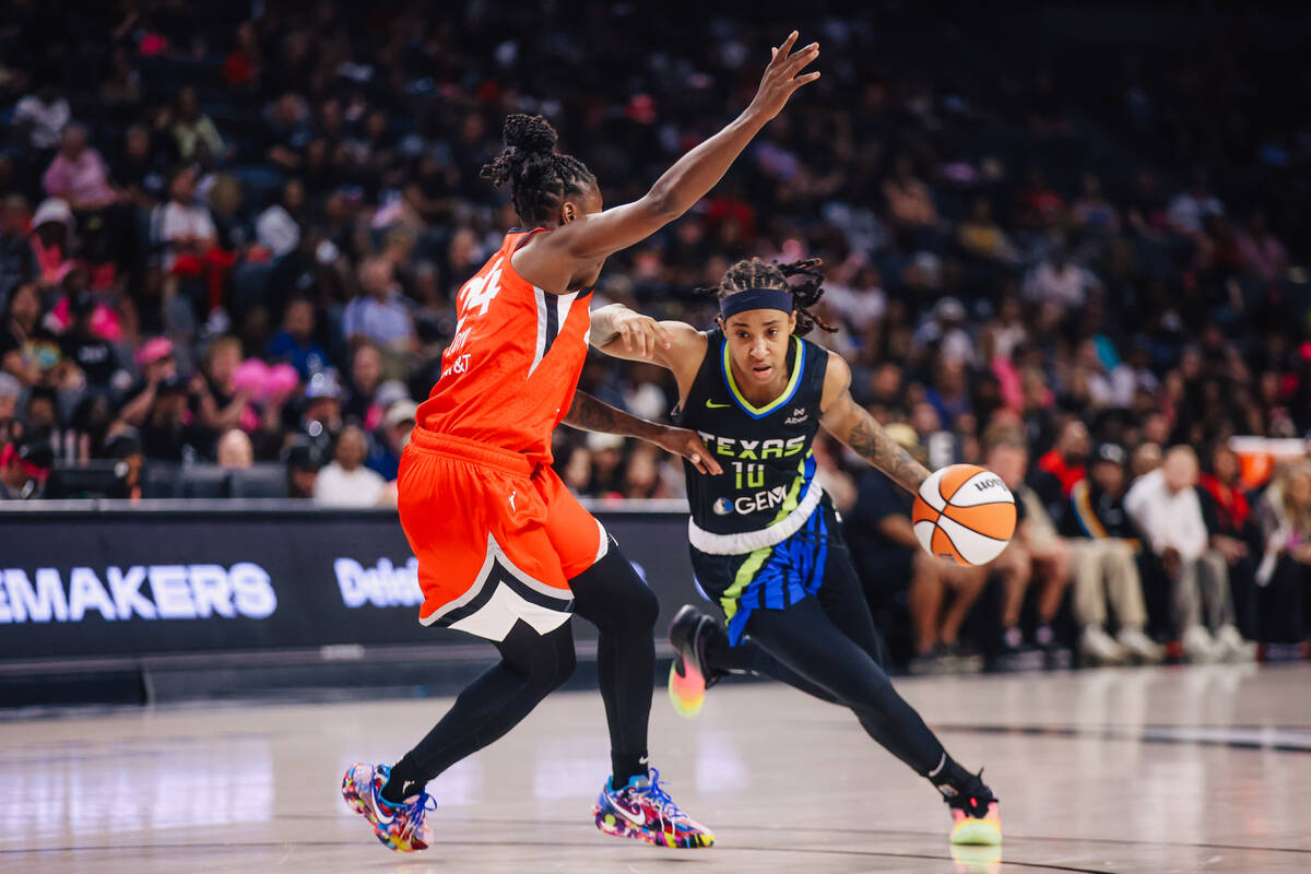 Aces guard Jewell Loyd (24) guards Dallas Wings guard Aziaha James (10) during a WNBA basketbal ...