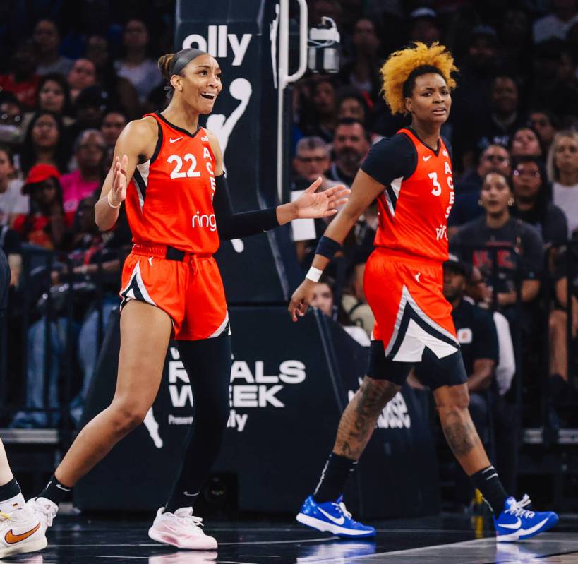 Aces center A'ja Wilson (22) reacts to a foul called against the Dallas Wings during a WNBA bas ...