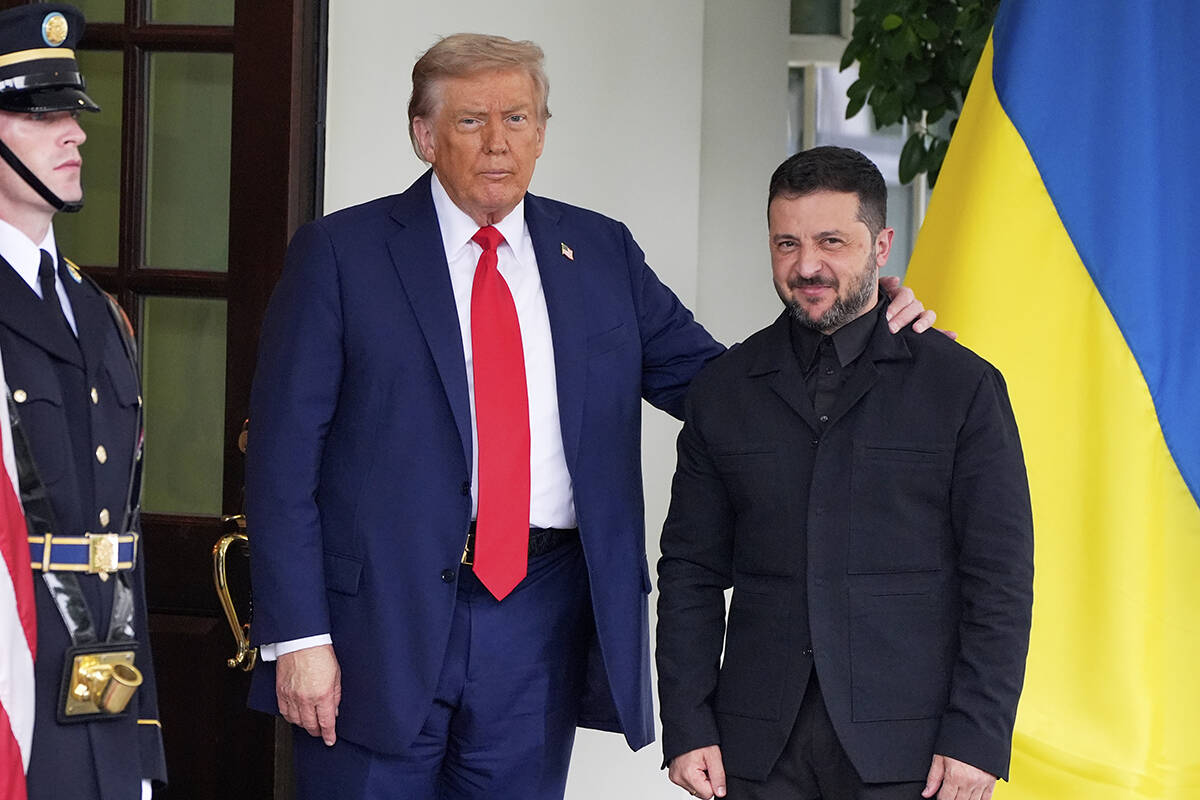 President Donald Trump, left, greets Ukraine's President Volodymyr Zelenskyy as he arrives at t ...