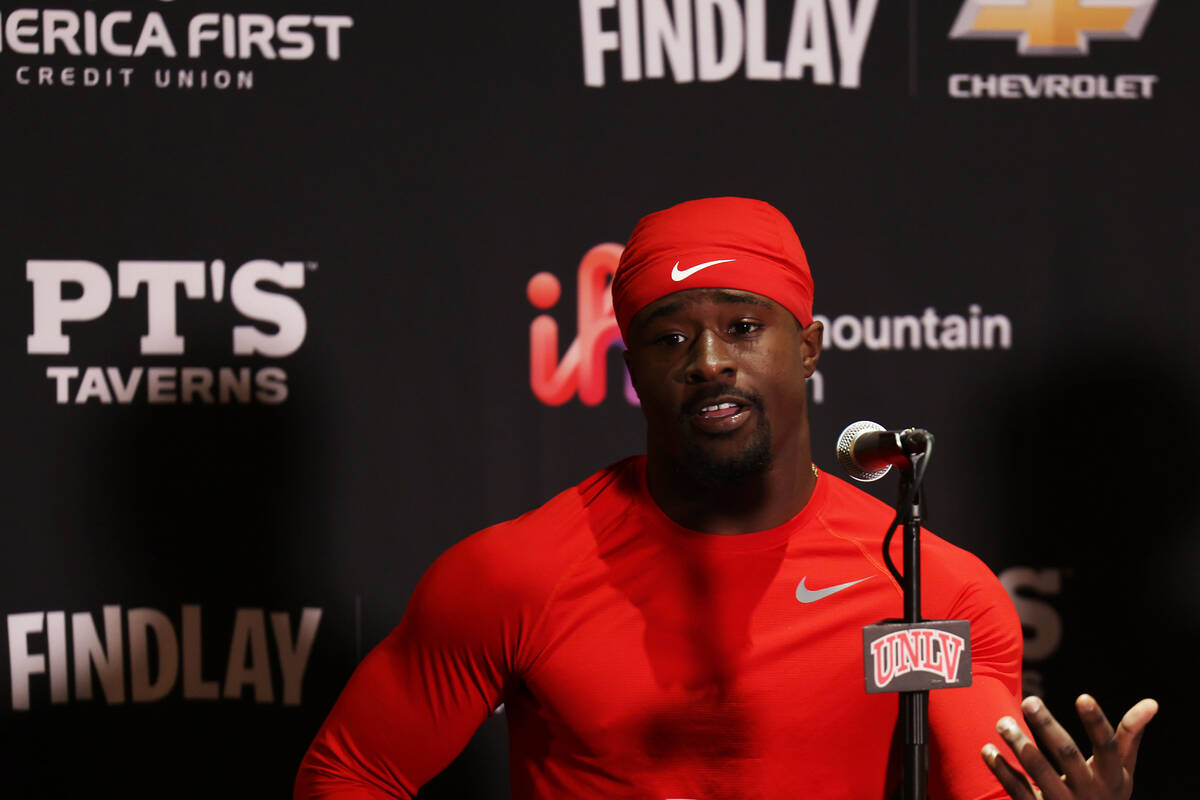 UNLV running back Jayden Thomas speaks during a press conference at the Fertitta Football Compl ...