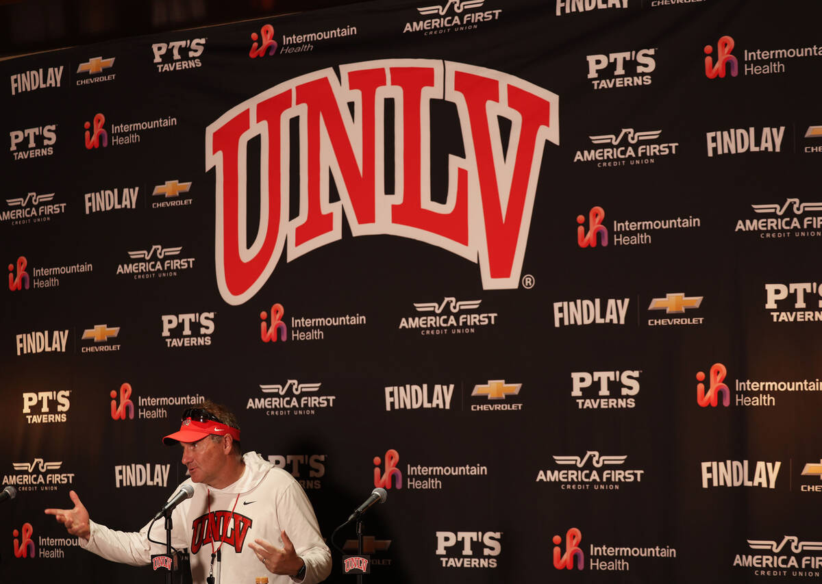 UNLV head football coach Dan Mullen speaks during a press conference at the Fertitta Football C ...