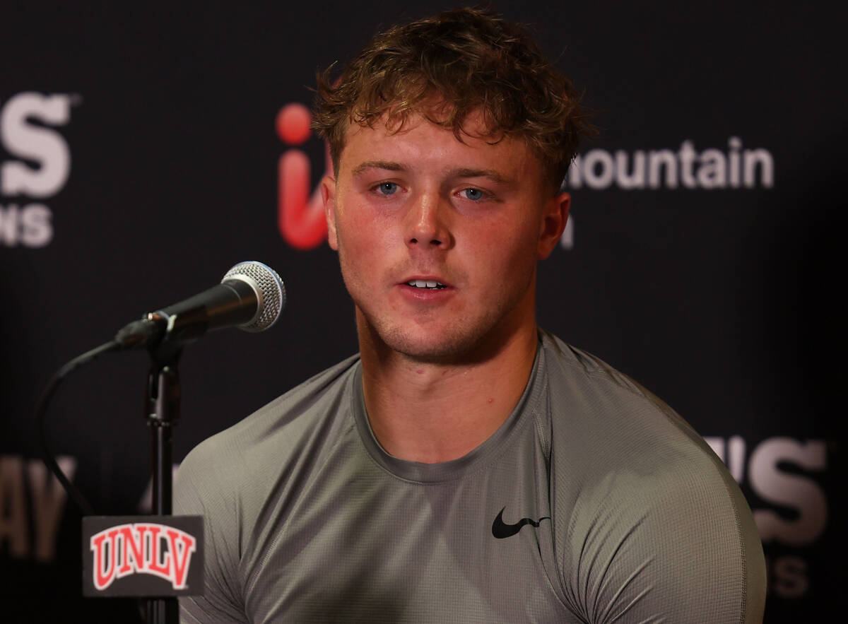 UNLV safety Jake Pope speaks during a press conference at the Fertitta Football Complex on Mond ...