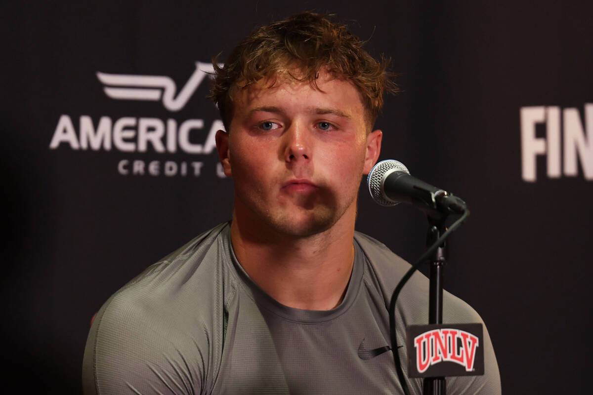UNLV safety Jake Pope speaks during a press conference at the Fertitta Football Complex on Mond ...