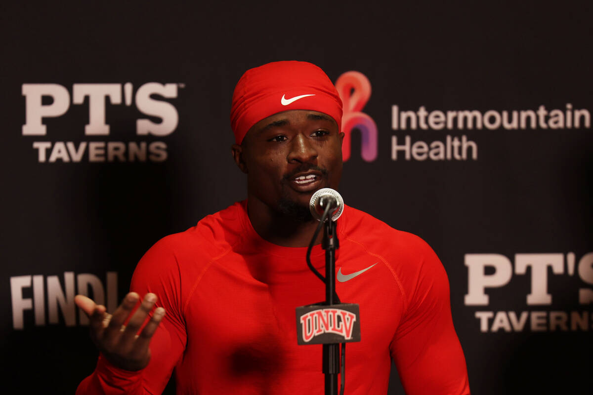 UNLV running back Jayden Thomas speaks during a press conference at the Fertitta Football Compl ...