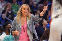 Las Vegas Aces head coach Becky Hammon gives direction from the sidelines during the second hal ...