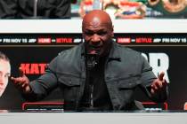 Mike Tyson speaks during a news conference ahead of his fight against Jake Paul, Wednesday, Nov ...
